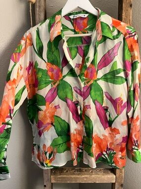 Zara White Floral Button-Down Shirt with Green, Pink & Orange Print